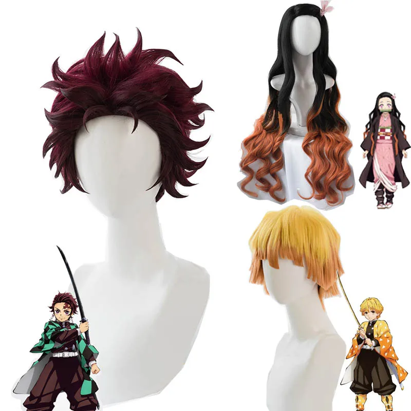 Аниме парики Nezuko Tanjirou Kamado Demon Slayer Kimetsu No Yaiba Косплей Zenitsu Agatsuma золотые аксессуары