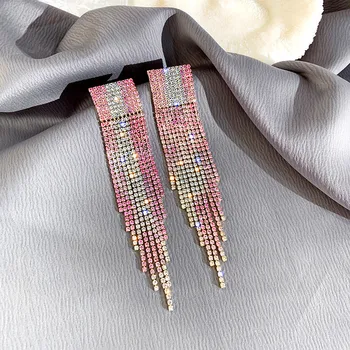

FYUAN Pink Rhinestone Drop Earrings for Women Shiny Long Tassel Dangle Earrings Statement Earrings Bar Party Jewelry