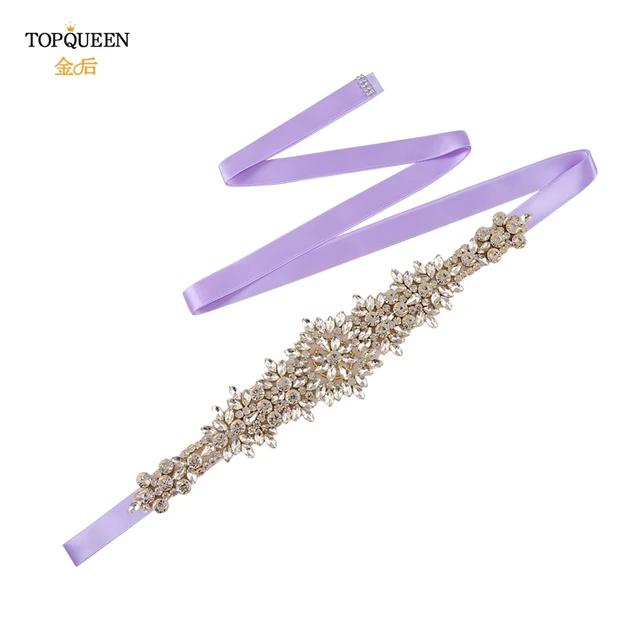 TOPQUEEN S319-G Plus Size Bridal Gowns Belts Golden Belts for Women Rhinestones Belt Girlfriend Luxury Ribbon Belt Wedding Sash Lavender ribbon