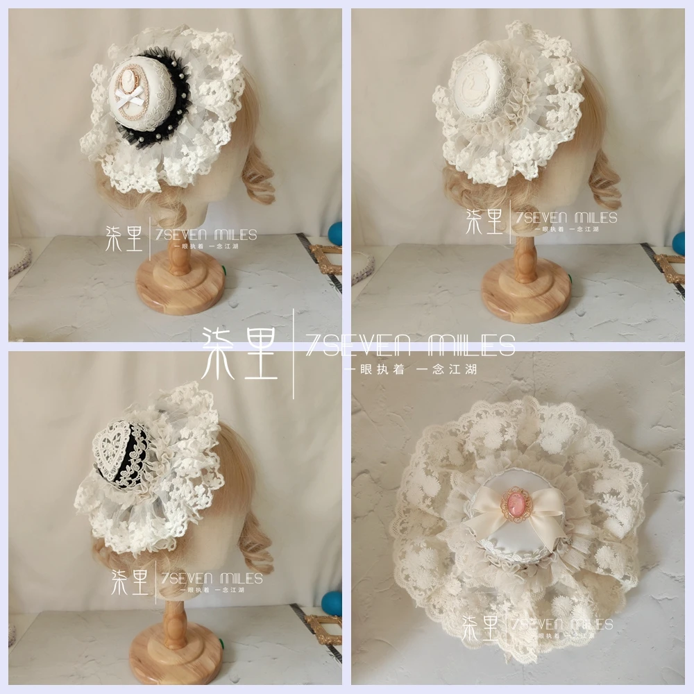 

Mori Girl White Hymn white Palace Style lace lolita Top hat hairpin Lace Cute Bow High hat hairpin women Tea Party Flat Hat Prop