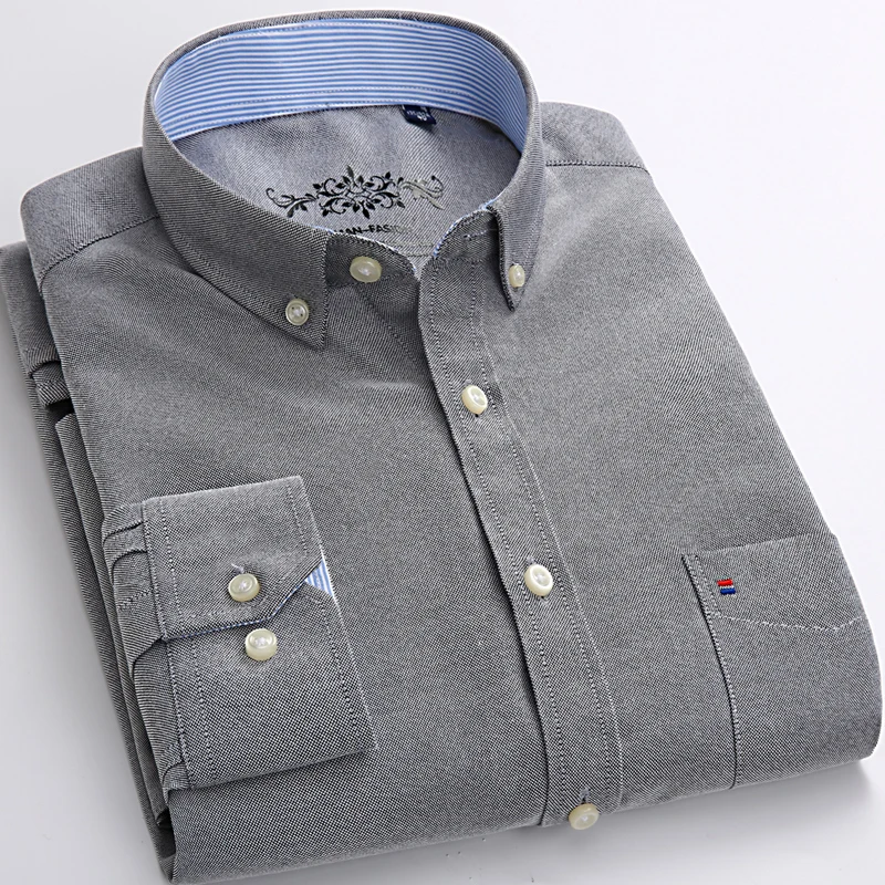 Oxford Shirt Pocket Long-Sleeve Button-Down-Collar Mens Casual Simple-Design Fashion