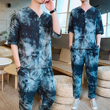 

Chinese Style Sweatsuit Men Short Set Trainingspak Mannen Mens Set Flower Colour 2 Piece Set Men Moda Hombre Tracksuit Men Set