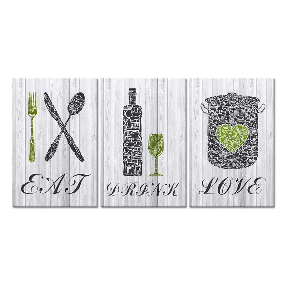 

3 Pieces Kitchen Art Print Set Eat Drink Love Inspirational Quote Sign Rustic Wood Print Poster on Canvas for Dining Room Decor