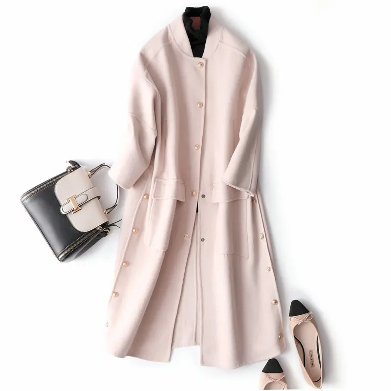 

High Quality Autumn 100% Wool Coat Alpaca Warm Winter Coat Apricot Women Long Wool Coat Office Lady Slim Female Overcoat