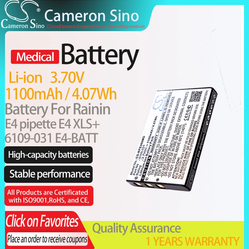 Cameronsino Batteria Per Rainin E4 Pipetta E4 Xls + Adatto Rainin 6109-031 E4-Batt Batteria Di Ricambio Medica 1100Mah/4.07Wh 3.70V
