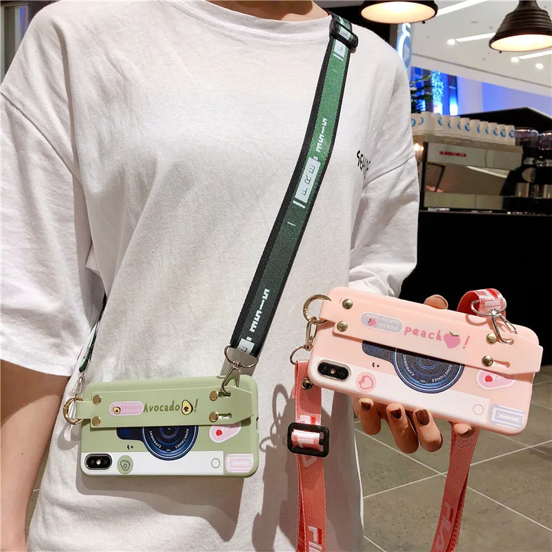 

Hot Korean Cute camera avocado pink peach wrist bracket + lanyard silicone soft cover for iphone MAX XS XR 6 7 8plus phone cases