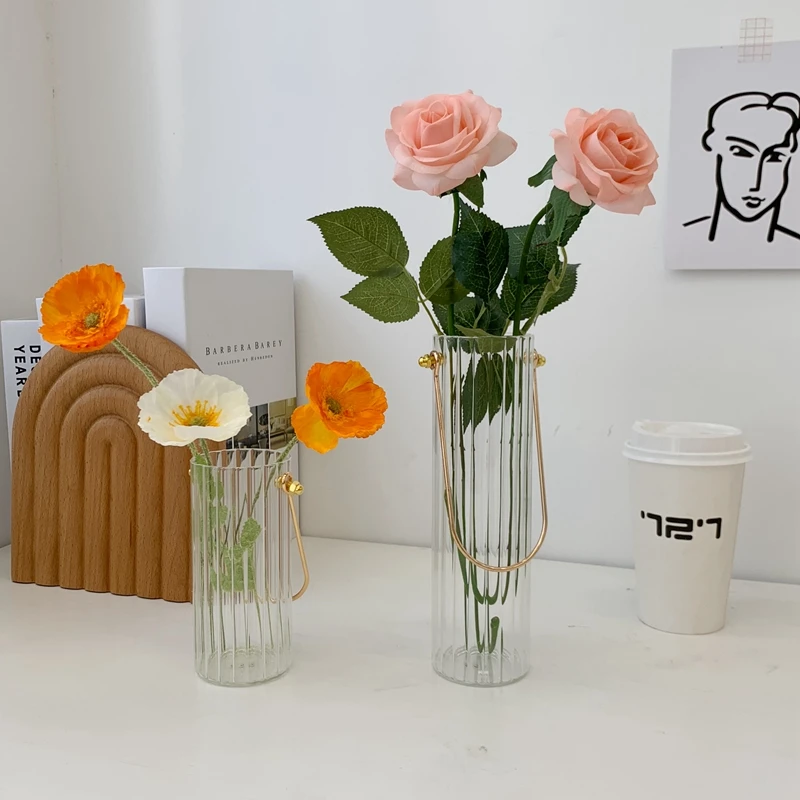 European Vertical Pattern Glass Hydroponic Vase with Metal Handle Simple Home Desktop Decoration Vase Desk Storage Bucket 4