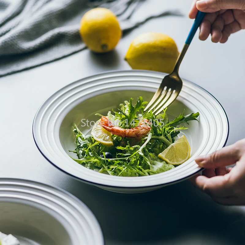 Nordic Simple Blue Line Soup Plate Ceramic Deep Household Tableware Western Pasta Salad Straw Hat | Дом и сад