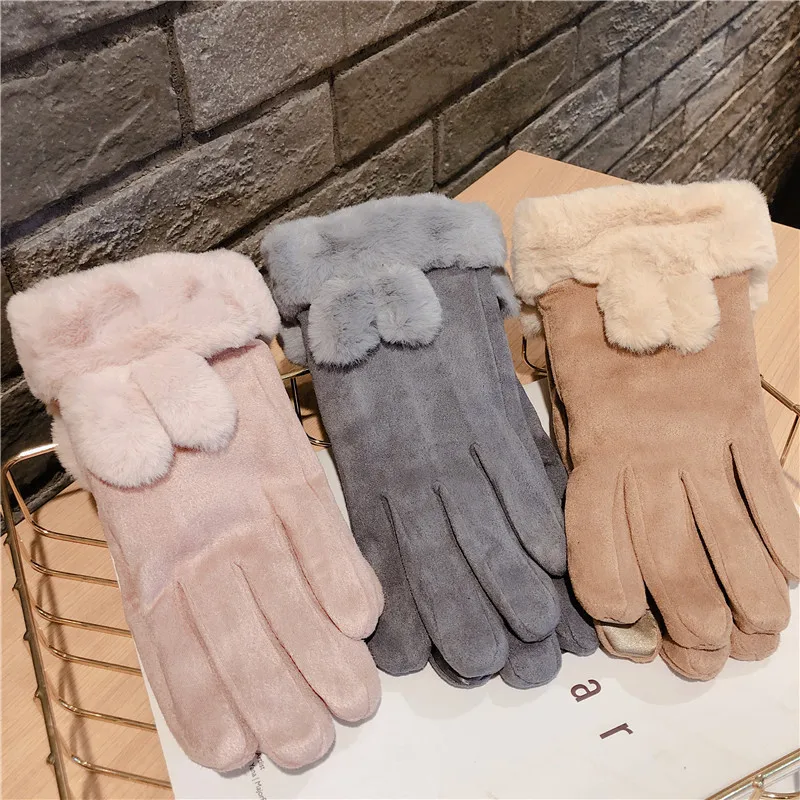 

Touch screen five fingers simple suede velvet thickening rabbit ears girls winter student warm gloves