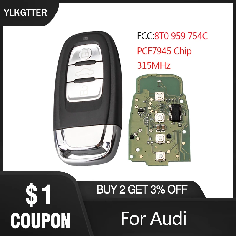 YLKGTTER 315 МГц умный дистанционный ключ костюм для Audi A4/S4/RS4/A5/S5/RS5/A6/A7/A8/Q5 2009+ с PCF7945 чип бесключевая система входа