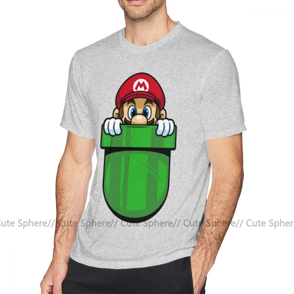 Супер Марио футболка Карманный водопроводчик футболка забавная 4xl Футболка Графический короткий рукав модная мужская хлопчатобумажная футболка - Цвет: Gray