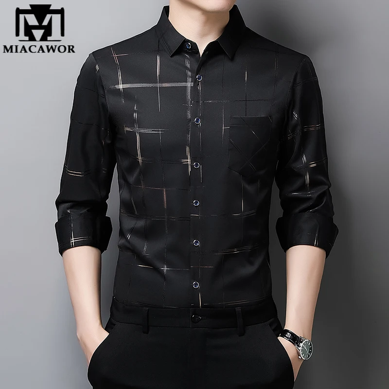 

MIACAWOR New Spring Long Sleeve Shirts Men Slim Fit Luxury Silk Shirt Casual Plaid Shirts Camisa Masculina Men Clothes C731