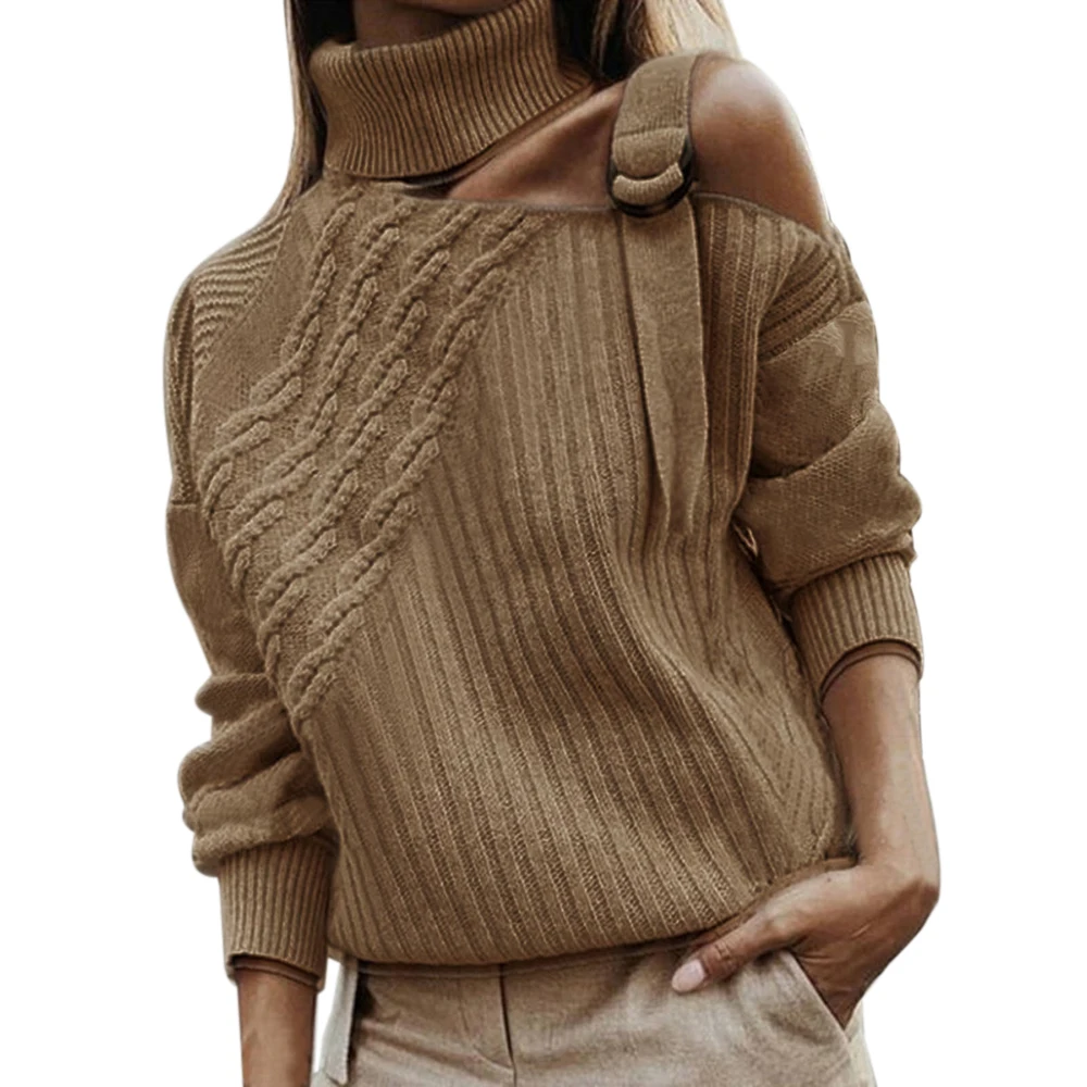 Женский лоскутный сексуальный свитер с открытыми плечами и пряжкой, теплый осенний пуловер, зимний свитер с длинным рукавом в рубчик, вязаные топы, джемпер - Цвет: apricot