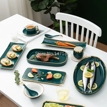 

Light Luxury Green Phnom Penh Ceramic Dining Utensils Creative Sushi Bakeware Breakfast Dishes Spoon Coffee Cup Saucer Set
