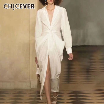 

CHICEVER Shirt Dress For Women V Neck Long Sleeve Ruch Tunic High Waist Large Size Midi Dresses 2020 Spring Fashion New Clothes