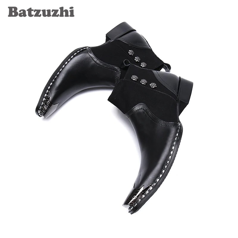 Batzuzhi Western Fashion Men's Boots Pointed Metal Toe Genuine Leather Dress Boots Business Black Leather Boots Botas Militares