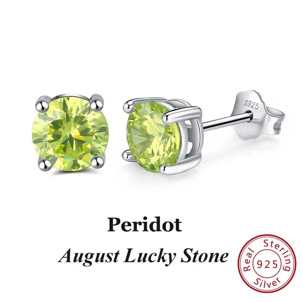 Aug-Peridot Effie queen 925 пробы серебряные серьги с камнем рождения для женщин AAA кубический циркон 12 цветов серьги-гвоздики модные ювелирные изделия для девочек BE84 - Цвет камня: Aug-Peridot