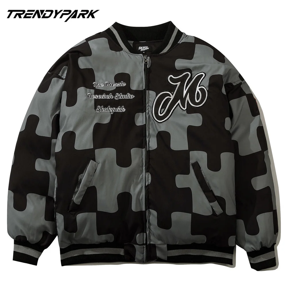 

2020 Hip Hop Men's Winter Warm Jacket Coat Bomber Puzzle Printed Heated Padded Puffer Jacket Oversize Male Parka Men's Clothing