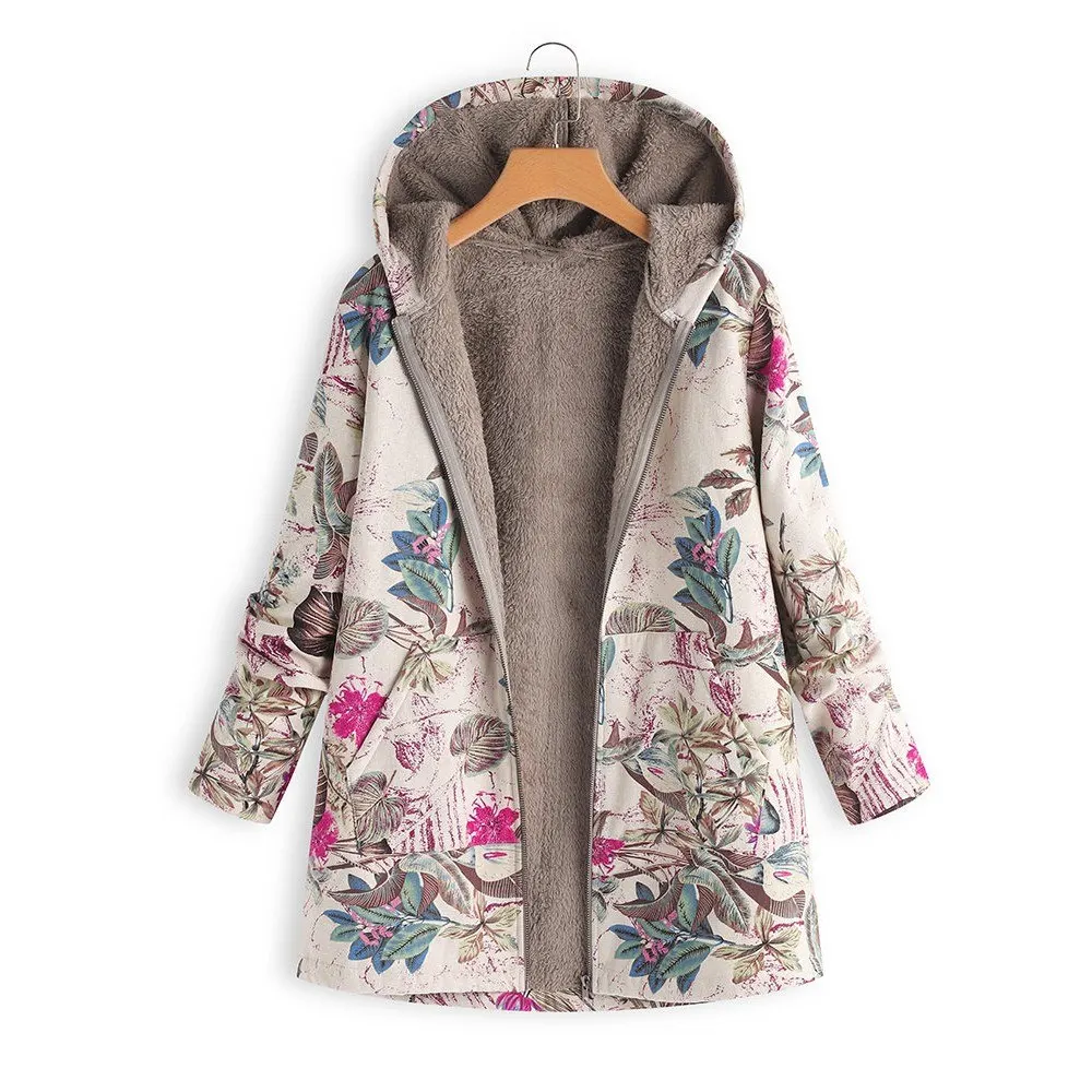 Greatest  Vertvie Women Winter Coat Loose Floral Print Hooded Outwear Coats Casual Female Vintage Warm Pocket