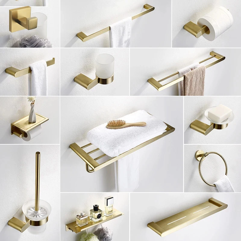 

Yooap Brushed Gold SUS304 Stainless Steel Bathroom Hardware Set Towel Shelf Towel Bar Paper Holder Hook Bathroom Accessories