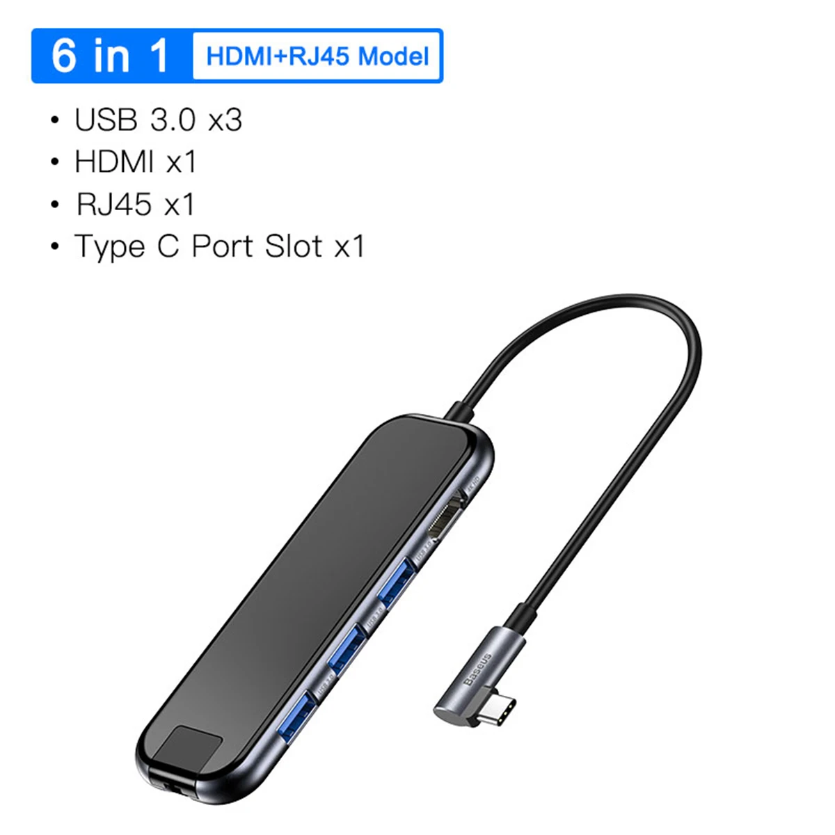 

Baseus 6in1 Type-C USB-C Hub Adapter 3 USB 3.0 Ports Splitter Converter Type-C PD Charging Port Rj45 4K HD Display Interface Hub