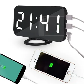 

Multifunction Art Digital Display Wall Clock with Two Phone USB Charge Port Simple Modern Mirrored Electronic Snooze Alarm Clock