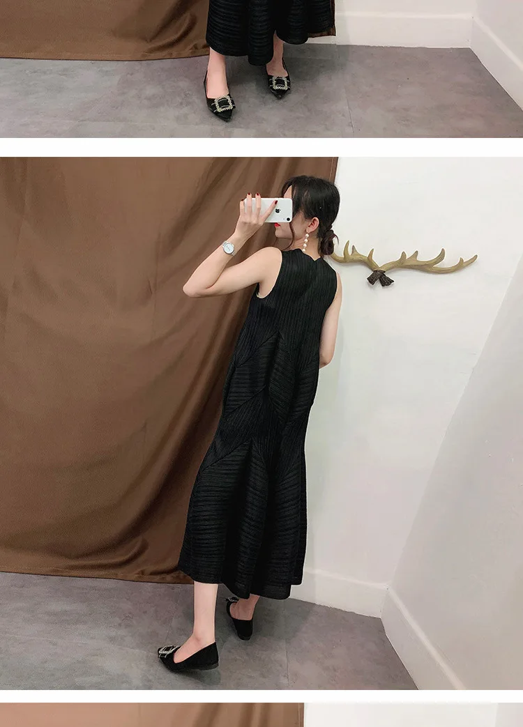 Плюс размер платье Женская Летняя мода большой стрейч Miyake плиссировка v-образным вырезом без рукавов свободное платье-фонарик для женщин 45-80 кг