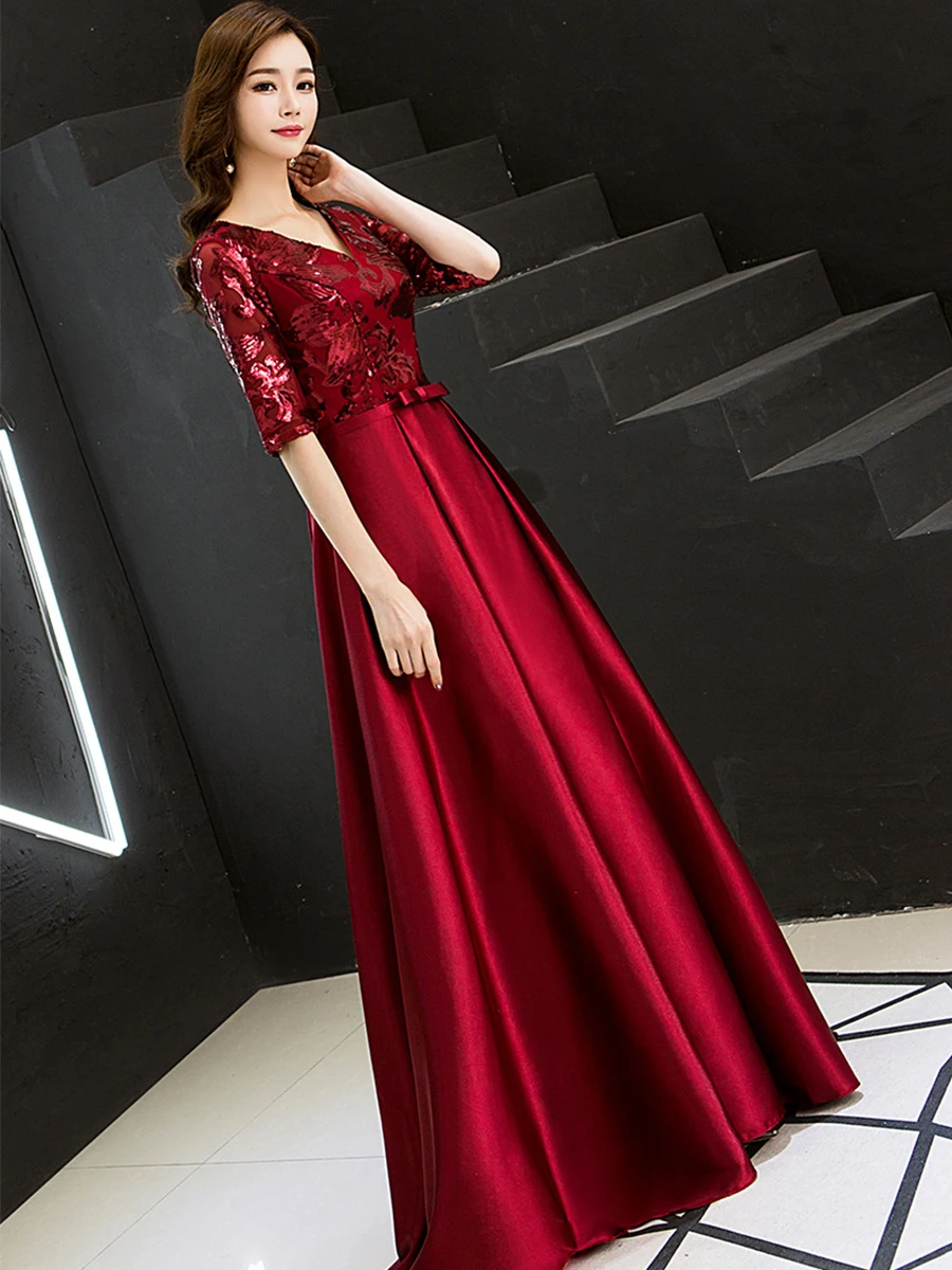 Это Yiiya вечерние платья размера плюс с блестками торжественное платье для женщин бордовое с v-образным вырезом Половина рукава молния robe de soiree E1413