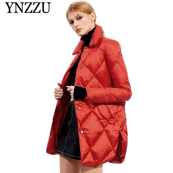 

2019 Winter Red Pockets Women down jacket Large size long sleeve Female overcoat Chic Warm 90% White Duck down coats YNZZU YO937
