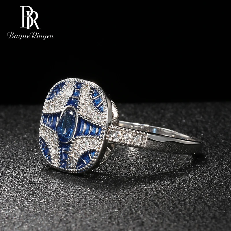 Bague Ringen, Трендовое серебро 925, ювелирные кольца с драгоценными камнями для женщин, геометрические сапфировые циркониевые синие обручальные вечерние кольца, женский подарок
