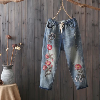 

Women High Elastic Waist Loose Jeans Spring Summer Floral Embroidered Straight Denim Pants Femme Vintage Casual Trousers