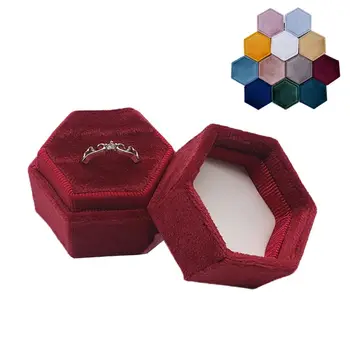 

Hexagon Velvet Ring Bearer Box Gorgeous Vintage Double Ring Display Holder with Detachable Lid for Engagement Wedding Ceremony