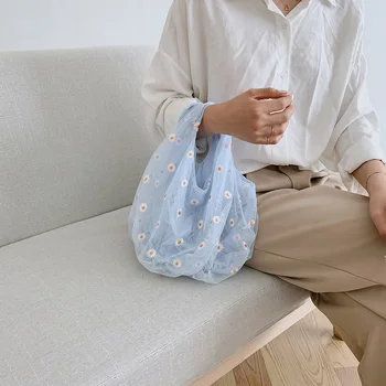 

2020 Spring Women Small Transparent Tote Mesh Cloth Bag Daisy Embroidery Handbag High Quality Eco Fruit Bag Purse For Girls