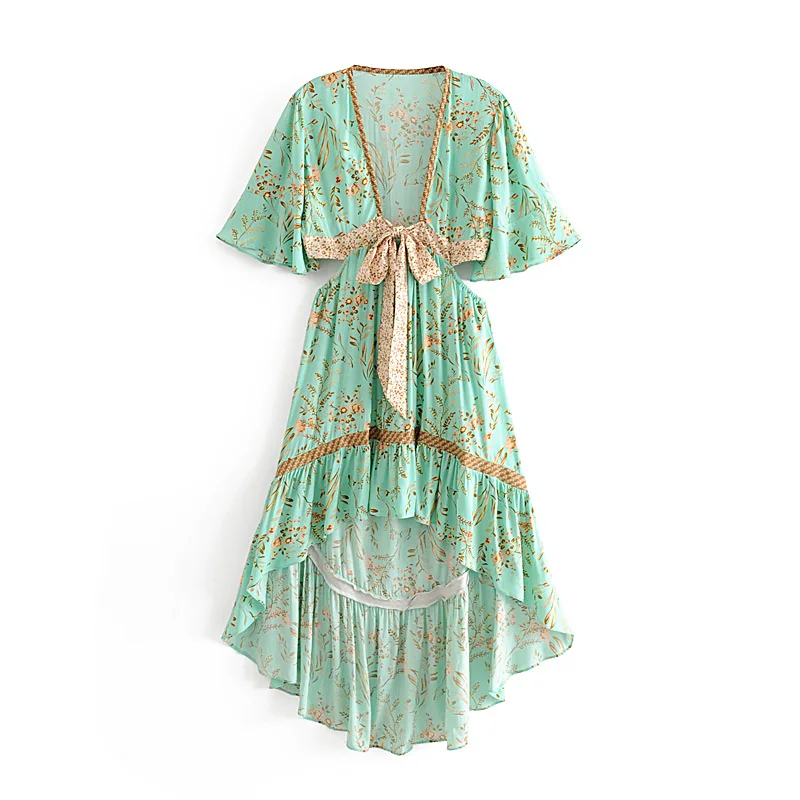 Boho шикарное летнее винтажное платье с открытой спиной с цветочным принтом женская мода с поясом Асимметричные пляжные платья vestidos mujer