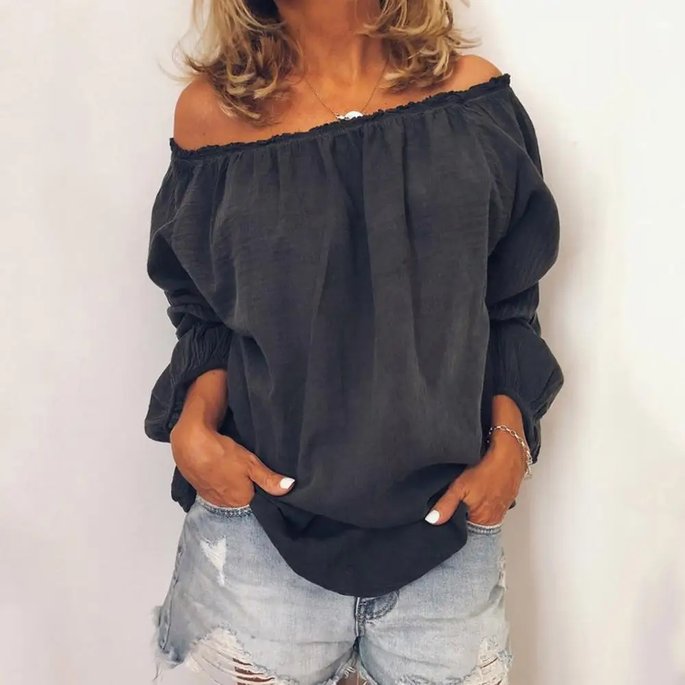 Блузка Женская Осенняя однотонная с открытыми плечами и длинным рукавом|Блузки| |