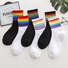 1 Pair Unisex Stripes Mid Men Socks Harajuku Colorful Funny Socks Men 100 Cotton Kawaii Rainbow Color Size 35-42 Mens Socks