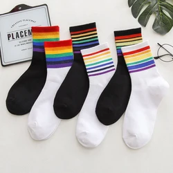 1 Pair Unisex Stripes Mid Men Socks Harajuku Colorful Funny Socks Men 100 Cotton Kawaii Rainbow Color Size 35-42 Mens Socks