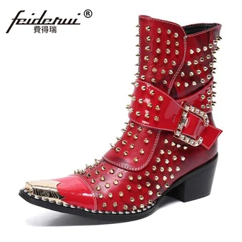 

2019 Metal Toe Man Handmade High Heels Studded Punk Rock Shoes Genuine Leather Men's Spikes Motorcycle Riding Ankle Boots SL740