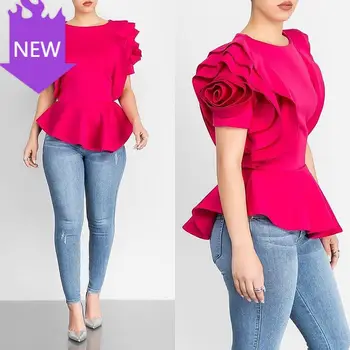 

Fashion Spring Summer Rose Red Blue Black White Bluas Ruffles Classy Lady Women Blouse Tops Shirt Layers Petal Sleeves Elegant