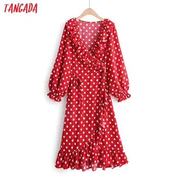 

Tangada fashion women red dots print dress ruffles slash bow Long Sleeve Ladies French Style midi Dress Vestidos 1F03