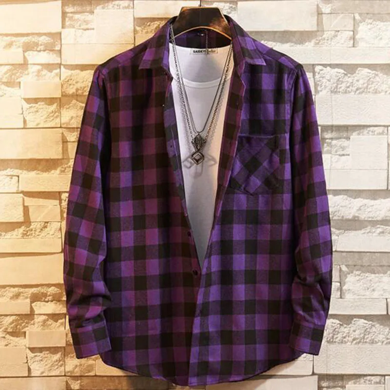 Мужские рубашки с длинными рукавами в клетку с принтом Camisa, высокое качество, однобортные модные рубашки Vestido - Цвет: purple