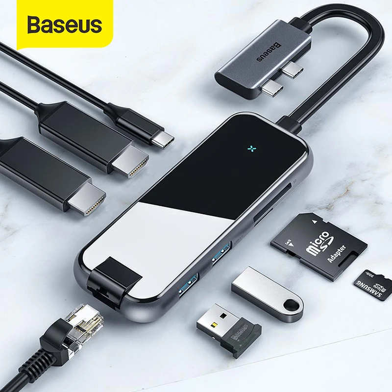 

Baseus USB C HUB to HDMI USB 3.0 RJ45 Type C HUB for MacBook Pro Air 2020 8 in 1 Card Reader Glass USB Splitter USB HUB