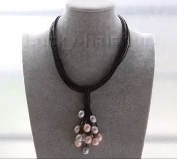 

Hot sale new Style >>>>>16" 14mm gray purple pink pearls wine red leather necklace magnet clasp j9568