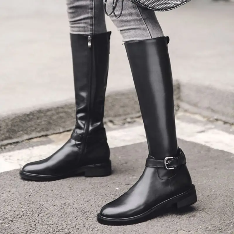 RIZABINA Real Leather Women Retro Knee High Boots Round Toe Flats Motorcycle Boots Buckle Sexy Winter Shoes Women Size 33-44