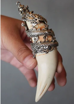 

Chinese Antique Boars Tooth Wild Hog Silver Dragon protective talisman Pendant