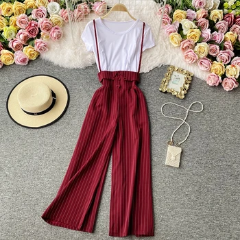 

2020 Summer Casual Long Pants Set Women Basic White T Shirt +high Waist Button Wide Leg Striped Bottom Female Sets 6 Colors