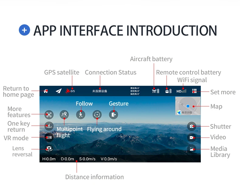 KF103 Drone, APP INTERFACE INTRODUCTION Aircraft battery GPS satellite Connection Status Remote