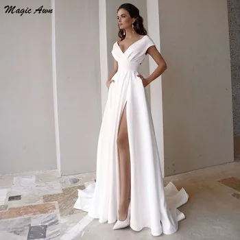 

Magic Awn White Satin Boho Wedding Dresses With Pockets Off The Shoulder Side Split Simple Marige Gowns A-Line Vestido Casamento
