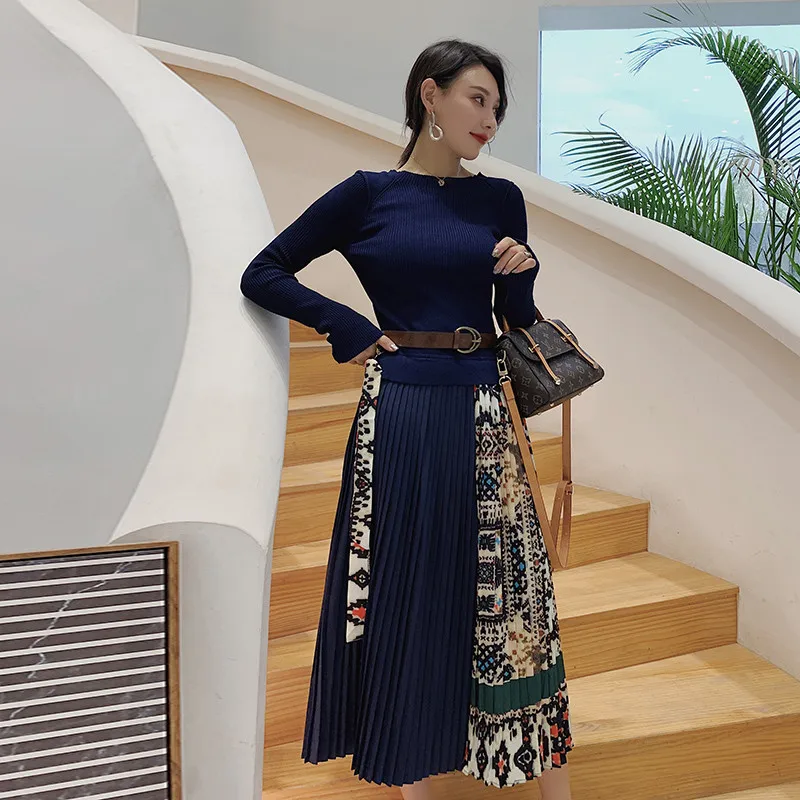 

High Quality for Women Vintage Print Knitted Patchwork Long Sleeve Mid-Calf Length Casual Long Sweater Vestidos 2019