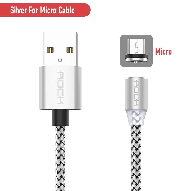 Silver For Micro USB ROCK светодиодный магнитный кабель Micro usb type C, зарядное устройство для Xiaomi Redmi Note 8, iPhone X, samsung S9, huawei, быстрая зарядка, USB C, 1 м - Цвет: Silver For Micro USB